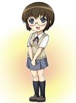  black_legwear blue_eyes blush brown_hair chibi glasses hands_together happy harukigenia kneehighs ore_no_imouto_ga_konna_ni_kawaii_wake_ga_nai school_uniform short_hair skirt solo tamura_manami 