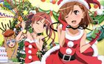  3girls :d absurdres animal_costume antlers bare_shoulders bell belt blush bottle bow cake chicken_(food) christmas christmas_tree confetti cup decorations drink drinking_straw flower food fruit gloves hair_ornament hair_tie hairpin hat highres index kobayashi_emiko lights misaka_mikoto multiple_girls official_art one_eye_closed open_mouth party plate reindeer reindeer_costume ribbon saliva santa_costume santa_hat shirai_kuroko smile star strawberry to_aru_kagaku_no_railgun to_aru_majutsu_no_index twintails 