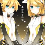  1girl aqua_eyes bad_id bad_pixiv_id blonde_hair brother_and_sister cielo_oceano detached_sleeves hair_ornament hair_ribbon hairclip headphones kagamine_len kagamine_len_(append) kagamine_rin kagamine_rin_(append) navel ribbon short_hair siblings twins vocaloid vocaloid_append 