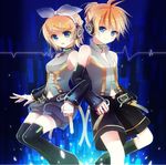  1girl arm_warmers bad_id bad_pixiv_id bare_shoulders blonde_hair blue_eyes brother_and_sister detached_sleeves hair_ornament hair_ribbon hairclip headphones kagamine_len kagamine_len_(append) kagamine_rin kagamine_rin_(append) locked_arms ribbon shiramori_yuse short_hair shorts siblings smile thighhighs twins vocaloid vocaloid_append 