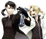  anna_kotori black_hair blonde_hair braid claws cloak coat collarbone edward_elric fullmetal_alchemist gloves greed grin hair_over_one_eye highres ling_yao mechanical_arm multiple_boys open_mouth ponytail pose red_eyes smile teeth white_gloves yellow_eyes 