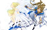  aa_megami-sama absurdres angel asymmetrical_hair belldandy blonde_hair blue_eyes blue_hair bracelet brown_hair closed_eyes cool_mint facial_mark feathers forehead_mark gloves goddess highres jewelry lind long_hair matsubara_hidenori multiple_girls ponytail ring short_hair single_wing spear_mint wings 