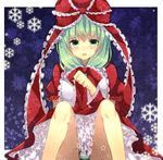  bad_id bad_pixiv_id banned_artist bow dress front_ponytail green_eyes green_hair hair_bow hair_ribbon kagiyama_hina lift panties pantyshot pantyshot_(sitting) ribbon short_hair sitting skirt snowflakes solo striped striped_panties touhou tsukiriran underwear 