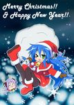  blue_hair christmas english green_eyes izumi_konata kagamin_boo long_hair lucky_star mittens mole mole_under_eye multiple_girls one_eye_closed panties panties_under_pantyhose pantyhose sack santa_costume snowflakes tyke underwear 