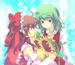  akarino_(yucco) ascot bad_id bad_pixiv_id bow brown_hair detached_sleeves eye_contact flower green_hair hair_bow hair_tubes hakurei_reimu hand_on_another's_face kazami_yuuka light_smile looking_at_another multiple_girls plaid plaid_skirt plaid_vest red_eyes sarashi skirt skirt_set smile sunflower touhou unmoving_pattern vest 