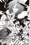  aiming bat_wings battle casing_ejection comic doujinshi dual_wielding firing greyscale grin gun handgun highres holding imizu_(nitro_unknown) monochrome multiple_girls no_hat no_headwear pistol pov reisen_udongein_inaba remilia_scarlet shell_casing silent_comic slit_pupils smile touhou weapon wings 