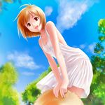  :d backless_dress backless_outfit bare_shoulders cloud day dress hagiwara_yukiho hands_on_own_knees hat idolmaster idolmaster_(classic) jewelry leaning_forward open_mouth ponnetsu ring sky smile solo straw_hat sundress 