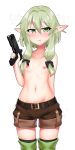  alternate_weapon artist_logo belt black_ribbon blush breasts collarbone commentary cowboy_shot cowfee elf english_commentary eyebrows_visible_through_hair goblin_slayer! green_eyes green_hair groin gun hair_between_eyes hair_ribbon handgun high_elf_archer_(goblin_slayer!) highres looking_at_viewer navel nipples pointy_ears puffy_shorts ribbon short_hair_with_long_locks short_shorts shorts sidelocks simple_background small_breasts solo sweatdrop thighhighs topless trigger_discipline watermark weapon white_background 