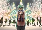  christmas christmas_tree closed_eyes gift green_hair hatsune_miku highres lights long_hair museum2088 pantyhose scarf solo very_long_hair vocaloid 