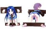  2girls asakura_ryouko bdsm bent_over blue_eyes blue_hair bondage bound feet highres long_hair looking_back maullarmaullar multiple_girls nagato_yuki panties short_hair stocks suzumiya_haruhi_no_yuutsu suzumiya_haruhi_no_yuuutsu underwear uniform yellow_eyes 