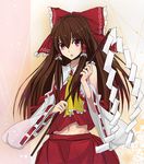  bad_id bad_pixiv_id bangs bare_shoulders bow brown_hair detached_sleeves floral_background frills gohei hair_bow hair_tubes hakurei_reimu holding long_hair looking_at_viewer midriff miruto_netsuki neckerchief open_mouth red_eyes ribbon skirt solo touhou 