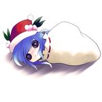  :3 blue_hair chibi food food_as_clothes fruit fur_trim hat hinanawi_tenshi in_container lying o_o on_side peach sack santa_hat shadow simple_background solo touhou yume_shokunin 