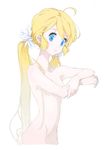  ahoge bad_id bad_pixiv_id blonde_hair blue_eyes face long_hair low_twintails nude original riqurr simple_background smile solo twintails 