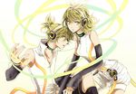  1girl arm_warmers bad_id bad_pixiv_id blonde_hair brother_and_sister detached_sleeves hair_ornament hair_ribbon hairclip headphones kagamine_len kagamine_len_(append) kagamine_rin kagamine_rin_(append) ribbon short_hair shorts siblings twins vocaloid vocaloid_append yellow_eyes yuki_(fuguneko) 