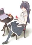  animal_ears bad_id bad_pixiv_id black_hair cat_ears chair computer cup food frills fruit gokou_ruri handheld_game_console hime_cut holding laptop lemon long_hair mole mole_under_eye nnyu ore_no_imouto_ga_konna_ni_kawaii_wake_ga_nai pantyhose pitcher playstation_portable red_eyes sitting solo stylus table tablet tea teacup 