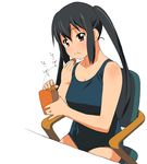  :t a1 afterimage bare_shoulders black_hair blush chair eating k-on! long_hair nakano_azusa one-piece_swimsuit red_eyes school_swimsuit simple_background sitting solo swimsuit twintails 