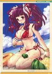  1girl absurdres bikini breasts cleavage cloud copyright_request dutch_angle food fruit highres innertube long_hair morino_papiko papimo purple_hair red_eyes solo swimsuit twintails watermelon wet 