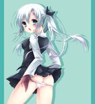  allen_walker ass blue_eyes bow breasts butt_crack covered_nipples d.gray-man genderswap genderswap_(mtf) long_hair looking_at_viewer looking_back medium_breasts open_mouth panties panty_pull ponytail sagami_rin silver_hair solo underwear 