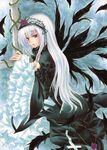  aoi_yuuka_(ao_no_kokoro) breasts cleavage colored_pencil_(medium) dress eyelashes feathers flower frills hairband long_hair marker_(medium) medium_breasts pastel_(medium) purple_flower purple_rose red_eyes rose rozen_maiden solo suigintou thorns traditional_media white_hair wings 