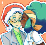  ! afro aloe_(pokemon) black_hair blush christmas closed_eyes couple dark-skinned_female dark_skin dark_skinned_female eyes_closed glasses green_hair gym_leader hat heart husband_and_wife kidachi_(pokemon) kiss pokemon pokemon_(game) pokemon_black_and_white santa_hat surprised 