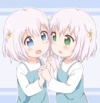  2girls araki495 bangs blue_background blue_dress blue_eyes blush bow commentary_request dress eye_contact eyebrows_visible_through_hair green_eyes grey_hair hair_between_eyes hair_bow hand_holding ikeda_chitose ikeda_chizuru interlocked_fingers long_sleeves looking_at_another multiple_girls one_side_up open_mouth shirt siblings sisters sleeveless sleeveless_dress two-tone_background upper_body white_shirt yellow_bow yuru_yuri 