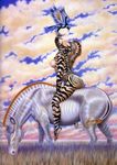  avian bird blue blue_feathers breasts cloud clouds equine fantasy female feral horse horseback mammal mane_hair nude olivia_de_berardinis painting stripes zebra 