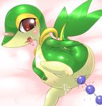  blush crying drool drooling female lying nintendo on_side oze pok&#233;mon pok&eacute;mon pussy pussy_juice red_eyes saliva sex_toy snivy solo sweat tail teeth tongue tongue_out tsutaja video_games zoe_(artist) 