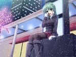  bad_id bad_pixiv_id black_legwear boots building city doughnut eating food frog_hair_ornament from_below green_eyes green_hair hair_ornament hair_tubes highres kochiya_sanae mittens open_mouth outdoors pantyhose runa7 skirt snake_hair_ornament snow solo touhou 