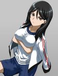  bad_id bad_pixiv_id black_hair breast_hold breasts brown_eyes crossed_arms face frown fukiyose_seiri gym_uniform jacket jacket_on_shoulders large_breasts lolicept long_hair shirt solo taut_clothes taut_shirt to_aru_majutsu_no_index 