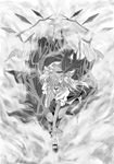  crazy flandre_scarlet greyscale hand_on_own_face michiking monochrome solo touhou 