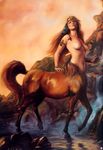  bracelet breasts brown_hair centaur equine fantasy feathers female hair headband horse human jewelry julie_bell mammal nipples oils painting taur water 