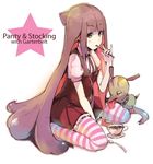  \m/ alternate_hair_color blush brown_eyes chanchan chuck_(psg) long_hair multicolored_hair necktie panty_&amp;_stocking_with_garterbelt sitting spoon stocking_(psg) striped striped_legwear tea thighhighs tongue two-tone_hair very_long_hair wariza 