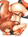  animal_ears antenna_hair arched_back ass back blazblue boots breast_press breasts brown_eyes brown_hair fumio_(rsqkr) large_breasts makoto_nanaya orange_skirt panties revealing_clothes simple_background skirt solo squirrel_ears squirrel_tail tail thighhighs thong top-down_bottom-up underwear white_background 