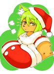  big_breasts blush breasts christmas female green_hair hair hat holidays huge_breasts japanese kemono plain_background santa_costume santa_outfit solo vicb60012 white_background xmas 