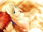  1girl ahoge artoria_pendragon_(all) bath blonde_hair blush breasts couple emiya_shirou fate/hollow_ataraxia fate/stay_night fate_(series) feet from_above from_behind game_cg green_eyes hetero looking_back medium_breasts mixed_bathing nipples nude red_hair reversed saber takeuchi_takashi thighs third-party_edit 