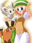  bag bel_(pokemon) bell_(pokemon) beret between_breasts blonde_hair blush breasts chaobuu chillarmy dress female green_eyes halftone_background hat minccino nintendo open_mouth pignite pokemon pokemon_(game) pokemon_black_and_white pokemon_bw short_hair smile solo white_background 