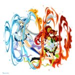  back_bow bishoujo_senshi_sailor_moon bow fire full_body gen_2_pokemon highres ho-oh long_hair lugia multiple_girls parody personification pokemon psyconorikan red_hair sailor_senshi_uniform silver_hair transparent_background water 