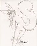  2010 bent_over breasts female goggles greyscale hybrid lagomorph looking_at_viewer looking_back monochrome nude panties pencils pussy rabbit side_boob sketch solo underwear undressing zavian 
