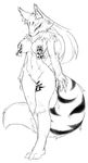  canine cotora female fox hair japanese_text kitsune long_hair looking_at_viewer manyo_(character) monochrome multiple_tails nude pussy solo tail talisman 