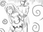  1girl :o blush_stickers chus closed_eyes confused greyscale long_hair monochrome open_mouth shorts shy solo_focus strap_slip sukone_tei swirl thighhighs utau wrist_grab 