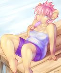  2010 blue_eyes breasts clothed ear_piercing earring female hair ice_cream koala looking_at_viewer messy piercing pink_hair ryukyur sitting summer 