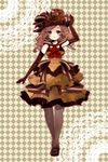  bad_id bad_pixiv_id brown_eyes brown_hair commentary_request dress food gloves hand_on_own_head hat highres original pantyhose personification ribbon satsushi solo sweets 