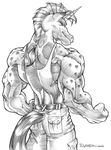  dynotaku equine horns looking_back male monochrome muscles pants shirt solo tail unicorn 