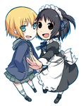  arashiyama_hotori bad_id bad_pixiv_id black_hair blonde_hair blue_eyes bow chibi earrings fang highres holding_hands hood hoodie jewelry kon_futaba maid maid_headdress miniskirt mizuki_(koko_lost) multiple_girls open_mouth short_hair side_ponytail skirt soredemo_machi_wa_mawatteiru wrist_cuffs 