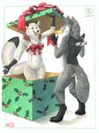  anthro canine christmas duo female gift holidays joon kacey male mammal necklace nude plain_background ribbons white_background wolf wolftale xmas 