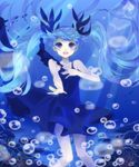  blue_eyes blue_hair bubble cosmos dress floating_hair hatsune_miku highres long_hair open_mouth shinkai_shoujo_(vocaloid) solo twintails underwater very_long_hair vocaloid 