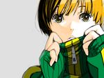  blonde_hair brown_eyes brown_hair drawer face hands jacket magomago making_of persona persona_4 satonaka_chie short_hair solo track_jacket zipper 