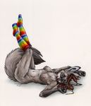  2010 bat-eared_fox black blue_eyes breasts brown brown_hair chest_tuft colorful face_markings female hair knee_socks legs_up long_brown_hair long_hair looking_at_viewer nipples nude on_back rainbow rainbow_socks silentravyn socks solo tail white_background 