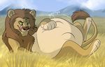  belly_grab corgeh digestion feline gurgle lion lying male mammal morbidly_obese on_back overweight post_vore solo stuffed vore 