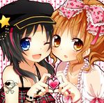  bad_id bad_pixiv_id black_hair blue_eyes blush bow brown_eyes brown_hair dress hair_bow hat heart heart_hands heart_hands_duo hinase_haruka jewelry long_hair multiple_girls necklace one_eye_closed open_mouth original smile 